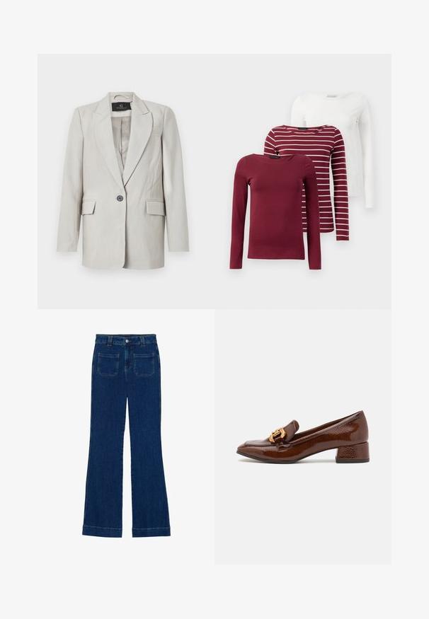 Blazer gris claro con un diseño estructurado, que presenta un único botón negro, dos bolsillos frontales y un cuello de muesca. Textura de tela suave.; Tres camisetas de manga larga: una de color burdeos sólido, una burdeos con rayas blancas y una blanca sólida. Todas están hechas de una tela suave y elástica.; Vaqueros de campana de mezclilla en azul oscuro con una textura suave, diseño de cinco bolsillos y cierre de botón en la cintura.; Mocasines de cuero marrón con un acabado brillante, que presentan una hebilla decorativa dorada en la parte frontal y un tacón bajo tipo bloque. Diseño clásico.