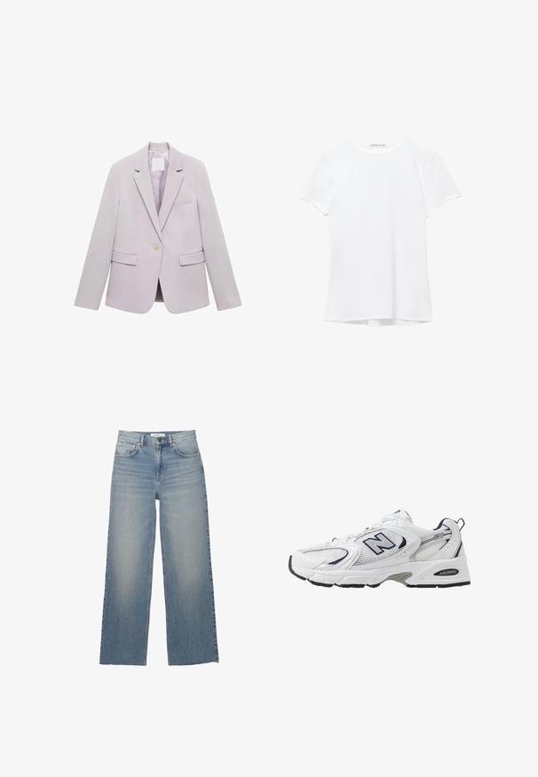 Lilac bleiser med skræddersyet design, enkelt knaplukning, to frontlommer og reverskrave. Glat stof og let glans.; Valkoinen lyhythihainen t-paita, joka on valmistettu sileästä kankaasta, ja jossa on pyöreä pääntie sekä hillityt ompelutiedot helmassa.; Vaaleansiniset leveälahkeiset farkut, joissa on korkeavyötärö, etutaskut ja nappikiinnitys. Suora pinta, jossa on haalistuneita kohtia.; Valkoinen urheilushoe, jossa on verkkomateriaali päällä, laivastonsiniset yksityiskohdat ja pehmeä pohja. Varustettu "N"-logolla, nauhoilla ja teksturoidulla yksityiskohdalla sivussa.