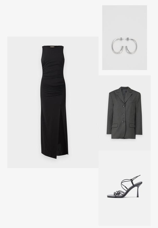 Tamnosivi sako s prugama, s izrezanim reverima, tri prednja gumba, dvije prednje džepa i jedan džep na prsima. Glatka tekstura tkanine.; Crna bezrukavna maxi haljina s naborima na tijelu i visokom otvorenom stranom do natkoljenice. Izrađena od glatkog, rastezljivog materijala.; Crne sandale na visokoj potpetici imaju tanke trake s čvorastim dizajnom, glatki kvadratni vrh i elegantnu stiletto petu.; Svijetlosivi metalik ruksač s lancem, ukrašen malim okruglim metalnim zakovicama i trokutastim logotipom marke.; Srebrne naušnice u obliku obruča sa glatkom, sjajnom površinom, zakrivljenog oblika i zatvaranjem na čep. Minimalistički dizajn s modernim završetkom.