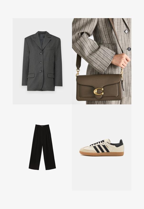 Tamnosivi sako s prugama, s izrezanim reverima, tri prednja gumba, dvije prednje džepa i jedan džep na prsima. Glatka tekstura tkanine.; Crna top majica s delikatnom čipkastom obrubom duž rubova, asimetričnog dizajna, podesivim naramenicama i glatkim satenskim materijalom.; Crne široke hlače s visokim strukom, s pojasom u struku i plisirima za teksturu. Izrađene od glatkog, laganog materijala.; Bež sportski cipela s crnim prugama, gumeni potplat i crni dodaci. Ima glatku kožnu gornju stranu i dizajn s zaobljenim vrhom.; COACH TABBY SHOULDER BAG 26 - Ručna torba - dark stone