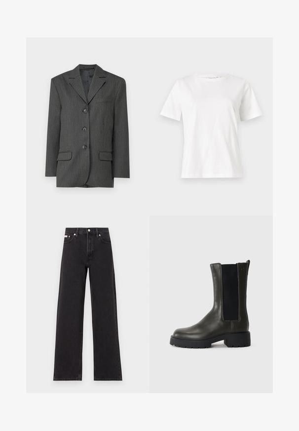 Tamsiai pilkas dryžuotas švarkas su iškirptėmis atlapomis, trimis priekyje esančiomis saga, dviem priekyje esančiomis kišenėmis ir viena krūtinės kišene. Lygi audinio tekstūra.; Balta medvilninė marškinėliai trumpomis rankovėmis, su apvalia iškirpte ir laisvu siluetu. Lygi tekstūra, be raštų ar akcentų, minimalistinis dizainas.; Juodos plačios kojų džinsai, pagaminti iš džinsinio audinio, su aukštu liemeniu, penkių kišenių stiliumi ir metaline sagte su kontrastingo siuvimo detalėmis.; Žalios odinės aulinės bateliai su elastinėmis šoninėmis panelėmis, apvaliu pirštu ir guminiais padais. Yra tekstūruotas paviršius ir kvadratinis kulnas.