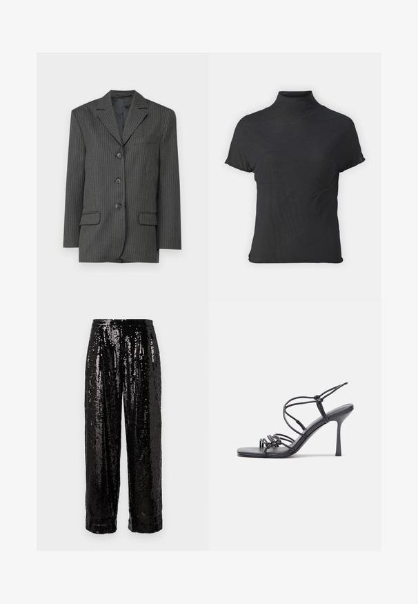 Donkergrijze pinstripe blazer met geknipte revers, drie frontknopen, twee voorzakken en een enkel borstzakje. Glad stoftextuur.; Zwarte korte mouwen coltrui gemaakt van lichtgewicht stof met een gladde textuur en een getailleerde pasvorm, met een hoge halslijn.; Zwarte paillettenbroek met een wijd been ontwerp, met glanzende, reflecterende oppervlakken en een zachte textuur, afgewerkt met een nette zoom.; Zwarte hoge hakken sandaaltjes hebben dunne banden met een geknoopt ontwerp, een gladde vierkante neus en een elegante stiletto-hak.