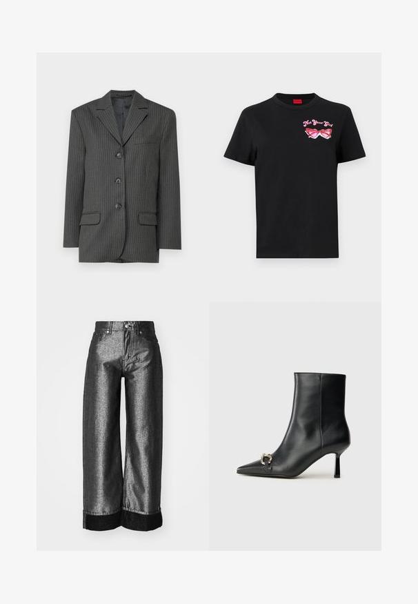 Tumedat hallid pinstriped bleiser, millel on nurgelised kraed, kolm esimest nuppu, kaks esist taskut ja üks rindetasku. Sile kangastekstuuri.; Musthave musta T-särk lühikeste varrukatega, millel on vasakul rinnal roosa prillide graafika ja tekst "Not Your Girl".; Laiene jalad hallis metallikdenimiga teksad, millel on sile tekstuur. Omab musta denimist äärist ja tavalist nööpidega sulgemist koos vöödega.; Must mustanvärvi nahast pahklinetopp, millel on terav nina, peen keskmise kõrgusega konts ja hõbedane keha detail külgedel, taustal lihtne taust.