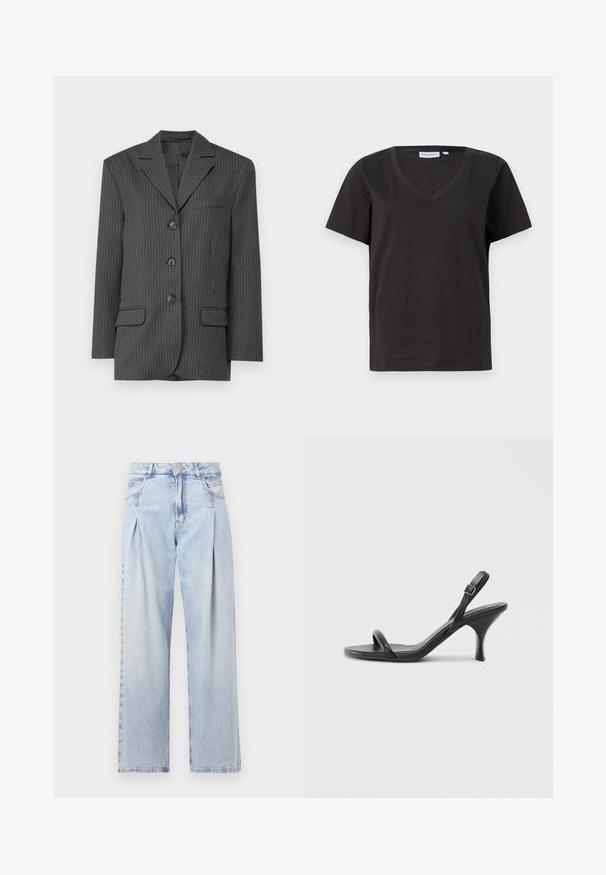 Donkergrijze pinstripe blazer met geknipte revers, drie frontknopen, twee voorzakken en een enkel borstzakje. Glad stoftextuur.; Zwarte katoenen T-shirt met een V-hals en korte mouwen. Eenvoudig ontwerp met een regular fit en zonder patronen of accenten.; Lichtblauwe denim jeans met een hoge taille, wijde pijpen, twee zijzakken en geplooid ontwerp. Zachte textuur met een vervaagd uiterlijk.; Zwarte leren sandalen met hoge hakken, een slanke, gebogen hak en een gekruist bandontwerp. Verstelbare enkelband. Soepele textuur.