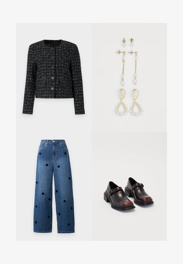Schwarz-weiß kariertes Jackett aus strukturiertem Stoff, mit Rundhalsausschnitt, langen Ärmeln und sechs vorderen Knöpfen. Zwei vordere Taschen.; Schwarzer Langarm-Body mit hohem Kragen, bestehend aus festem Stoff im Torso und transparenten Netzärmel, entworfen in einer körperbetonten Form.; Weite blaue Jeans aus Denim mit schwarzen floralen Applikationen, die über den Stoff verteilt sind. Mit hoher Taille und klassischem Fünf-Taschen-Design.; Leder-Blockabsatzschuhe mit glänzender dunkelburgunderfarbener Oberfläche, ausgestattet mit einem Schnallenriemen und einem runden Zehendesign. Texturierte Außensohle für besseren Grip.; Goldfarbene Ohrringe mit zwei Perlenanhängern. Ein Paar hat Stecker; das andere ist im Anhänger-Stil mit einer Kette und zusätzlichen Perlen.