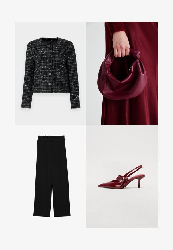 Giacca a quadri in bianco e nero realizzata in tessuto testurizzato, con scollatura rotonda, maniche lunghe e sei bottoni frontali. Due tasche anteriori.; T-shirt nera a maniche corte in cotone. Presenta un colletto rotondo, vestibilità rilassata e orlo pulito senza motivi o accessori visibili.; Pantaloni neri a gamba larga con cintura arricciata, dotati di due tasche laterali e un tessuto liscio e leggero. Nessun motivo visibile o parti metalliche.; Décolleté slingback in vernice rossa con punta affusolata, due cinturini con fibbia e un sottile tacco a stiletto di media altezza. Texture liscia.; Borsa in pelle bordeaux con un design morbido e arricciato e una forma arrotondata. Il manico è fissato, mostrando una texture liscia.