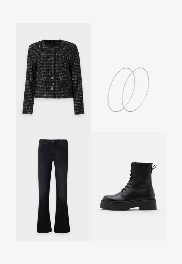 Giacca a quadri in bianco e nero realizzata in tessuto testurizzato, con scollatura rotonda, maniche lunghe e sei bottoni frontali. Due tasche anteriori.; Top nero senza maniche con un motivo geometrico testurizzato, realizzato in un tessuto luccicante. Presenta un collo rotondo e una silhouette aderente.; Jeans neri svasati in denim, con vita media, decorazioni sulla parte anteriore e un classico design a cinque tasche.; Stivaletti in pelle nera alla caviglia con punta rotonda, lace-up frontale e suola in gomma spessa con battistrada textured. Tassello sul retro.; Orecchini a cerchio in argento con un design minimalista. Forma circolare, superficie liscia e profilo sottile. Leggeri con una finitura lucida.