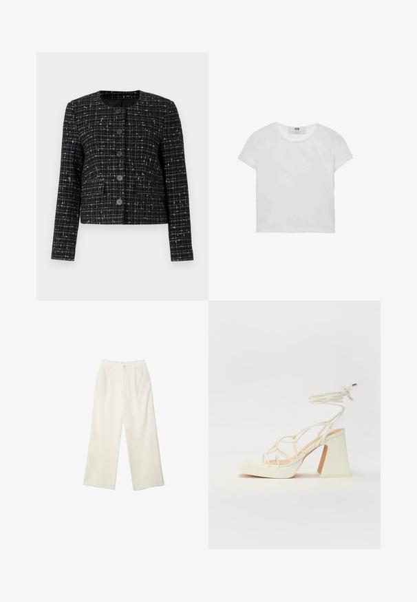 Schwarz-weiß kariertes Jackett aus strukturiertem Stoff, mit Rundhalsausschnitt, langen Ärmeln und sechs vorderen Knöpfen. Zwei vordere Taschen.; Weißes T-Shirt mit kurzen Ärmeln und Rundhalsausschnitt, aus weicher Baumwolle gefertigt, mit einem schlichten, sauberen Design ohne sichtbare Muster oder Akzente.; Helle Stoffhose mit weitem Bein und glatter Textur, ausgestattet mit einem einzelnen Knopf vorne, dezenten Falten und einem Hochbund-Design.; Weiße High-Heel-Sandale mit einem klobigen Absatz, die über ein Riemchendesign und ein Knöchelband verfügt. Glatte Textur mit einer Plattform vorne für zusätzliche Höhe.