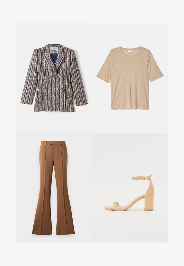 Lillelise mustriga bleiser, millel on tumesinised ja kuldsed triibud, millel on notšitud krae, topelt-nööbid ja pikad varrukad.; Filippa K ELENA TEE - Trükipildiga T-särk - sandstone; Pruunid laiad püksid, mis on valmistatud siledast kangast, kõrge vöökoht, pressitud kortsud ja eesmine tasku lisatud detailiks.; Nahal tõmblukk nahast kontsaga sandaalid ruudukujulise varbaga, pahkluu rihmaga ja paksu blokknõelaga. Sile tekstuur ja minimaalsed disainidetailid.