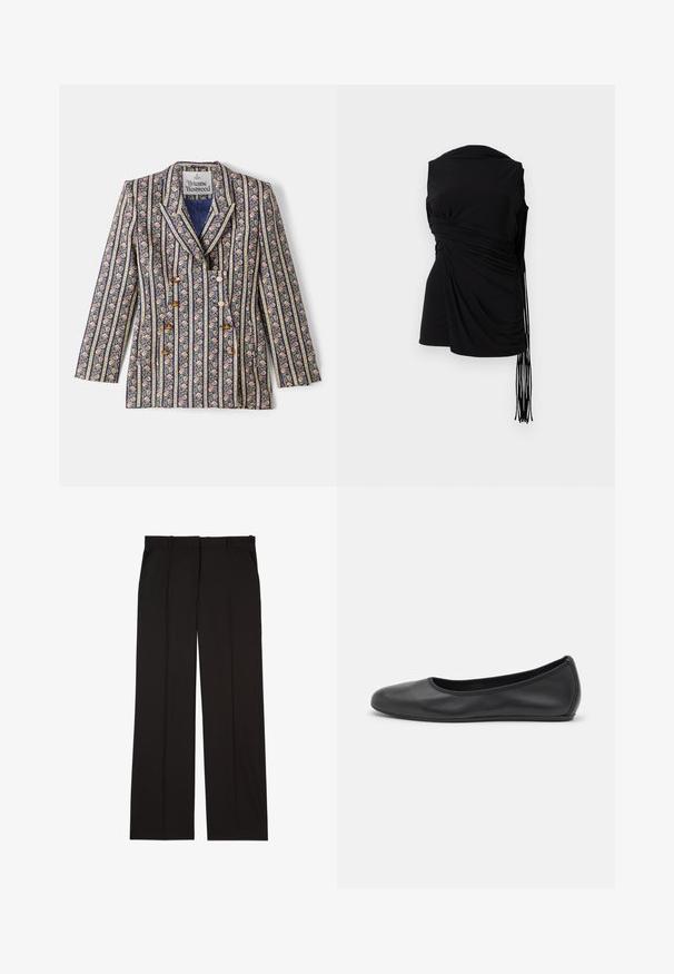 Ziedu raksta žakete ar tumši zilu un zelta svītrām, ar izgriezumu apkakli, dubultām pogām un garām piedurknēm.; Melna bezpaudze topiņa ar sakārtotu audumu, sānu savilkumu un pagarinātu fringu, ar gludu tekstūru un pieguļošu siluetu.; Melni gludā auduma pielāgoti bikses ar taisnu kāju piegriezumu un divām sānu kabatām. Eleganta un minimālistiska uzbūve.; Melna ādas baleta kurpe ar noapaļotu purngalu, gludu tekstūru, minimālu šuvju detalizāciju un elastīgu zoles dizainu.