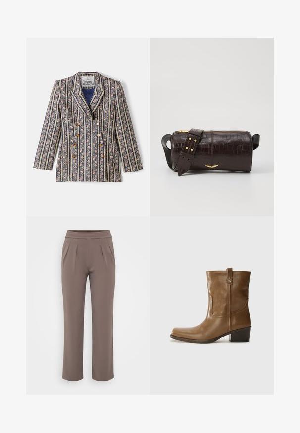 Lillelise mustriga bleiser, millel on tumesinised ja kuldsed triibud, millel on notšitud krae, topelt-nööbid ja pikad varrukad.; Pikkade varrukatega helesinine topp ümmarguse kaelusega. Valmistatud pehmest kangast, sisaldab keskset õmblust ja kergelt kaardus serva. Ei ole nähtavat riistvara.; Taupe värvi lahtised püksid elastse vöökohtadega ja ees pleated, valmistatud siledast kangast.; Pruun nahkne ankle boot ruudukujulise varbaga, tekstuuriga viimistluse ja madala virnastatud kontsaga. Sisaldab taga tõmbeaasat ja peeneid õmbluse detaile.; Pruunist krokodillimustrist nahast kott, millel on silindri kuju, kuldse tooni metalldetailid ja eemaldatav rihm, kus on nupud.