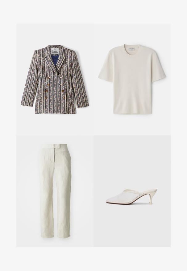 Blazer med blommönster i marinblått och guldiga ränder, med slagkrage, dubbelknäppta knappar och långa ärmar.; Krämfärgad t-shirt med korta ärmar och rund halsringning, tillverkad av mjukt material, med rak skärning och minimal detaljering.; Vita linbyxor med skräddarsydd passform, som har platt fram och raka ben. Slät textur med lätt veckdetalj.; Vit nät-mule med spetsig tå, smal klack i medelhöjd och slip-on design mot en enkel bakgrund.