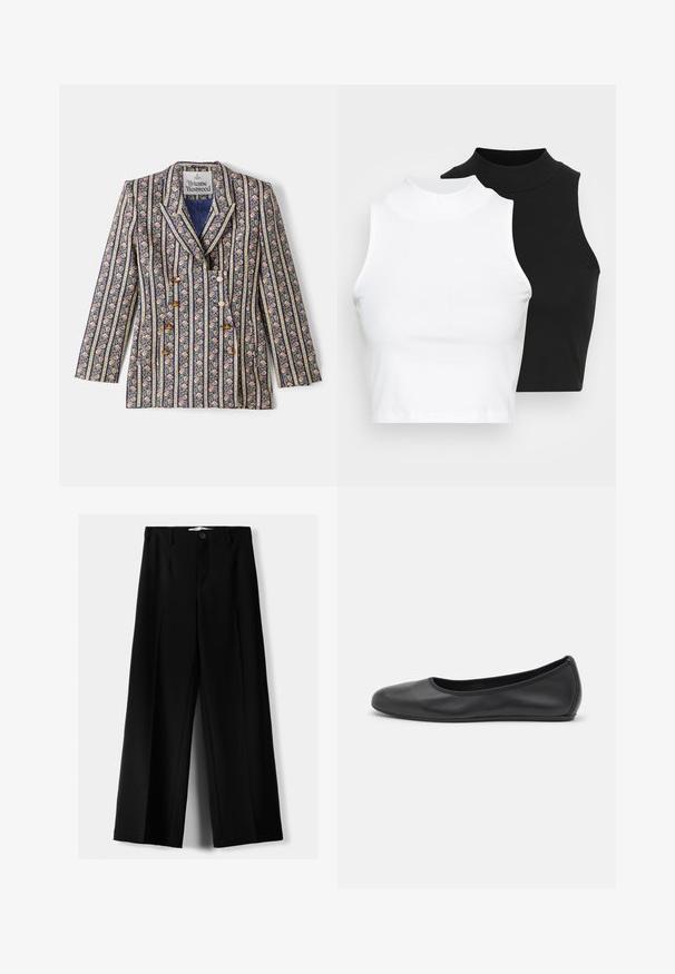 Marynarka w kwiatowy wzór w granatowe i złote paski, z kołnierzem z klapami, podwójnymi guzikami i długimi rękawami.; Dwa bezrękawnikowe golfy w kolorze czarnym i białym, charakteryzujące się dopasowanym fasonem i gładką teksturą, o skróconej długości.; Czarne spodnie szerokie, wykonane z lekkiego materiału, z zapięciem na guzik z przodu i gładkim przodem, z starannie wykończonymi brzegami.; Czarne skórzane baletki z zaokrąglonym noskiem, gładką fakturą, minimalnymi przeszyciami i elastycznym designem podeszwy.