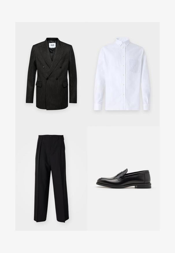 Dvojradový čierny blazer s bielymi prúžkami, s klopovými goliermi, dvoma prednými vreckami a hladkým vnútorným podšívaním. Značková nálepka je viditeľná vo vnútri.; Biely dlhý rukáv košeľa s gombíkmi vyrobená z bavlny, s náprsného vrecka s tonálnou výšivkou, golierom a gombíkovými manžetami.; Čierne skladané nohavice s rovnom, širokým strihom. Vyrobené z hladkého materiálu, s gombíkovým zapínaním a pútkami na opasok.; Čierne kožené mokasíny s hladkou textúrou, zaoblenou špičkou a dekoračným pásikom cez priehlavok. Nízky vrstvený opätok, minimalistický dizajn.