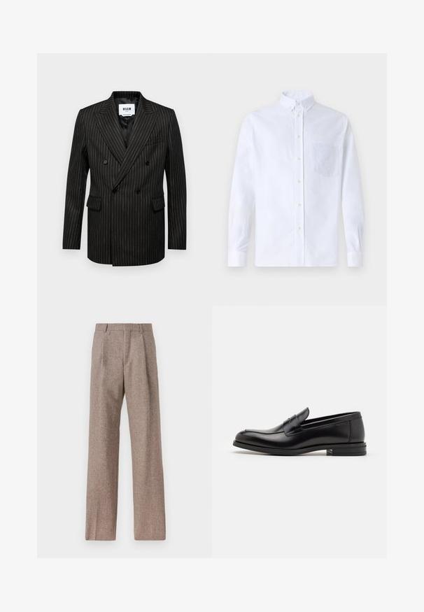 Divpusēja melna žakete ar baltām svītrām, ar izgrieztiem apmalēm, divām priekšējām kabatām un gludu iekšējo odere. Zīmola etiķete redzama iekšpusē.; Balts garo piedurknēm krekliņš ar pogām, izgatavots no kokvilnas, ar krūšu kabatu ar tonālu izšuvumu, apkakli un pogām pie piedurknēm.; Brūni, augstos šortos izgatavoti no teksturēta auduma. Iezīmē plašas kājas un divas priekšējās krokas, kas nodrošina struktūru. Kārtīga apdare bez redzamām detaļām.; Melnas ādas kurpes ar gludu tekstūru, noapaļu purngalu un dekoratīvu siksniņu pāri priekšpusei. Zems sakrauts papēdis, minimālisma dizains.