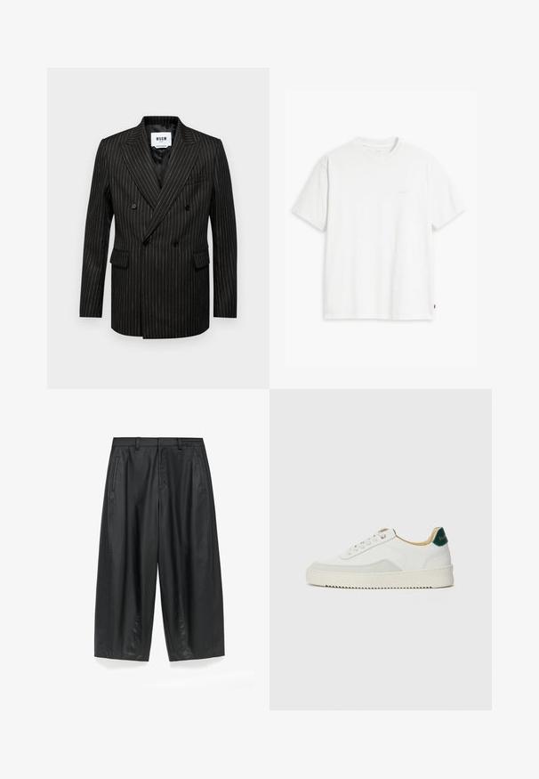 Zwart dubbelgeknopt blazer met witte streepjes, geknoopte revers, twee voorzakken en een gladde binnenvoering. Merkenlabel zichtbaar aan de binnenzijde.; Witte katoenen T-shirt met korte mouwen, ronde hals en subtiele Levi's logo gedrukt in het midden. Zachte textuur en standaard pasvorm.; Zwarte wijde broek gemaakt van een gladde, matte stof. Heeft een op maat gemaakte tailleband, voorplooien en zijzakken.; Witte sneaker met suède accenten, ronde neus, platte veters en een crème rubberen zool. Bevat groene branding op de hiel.