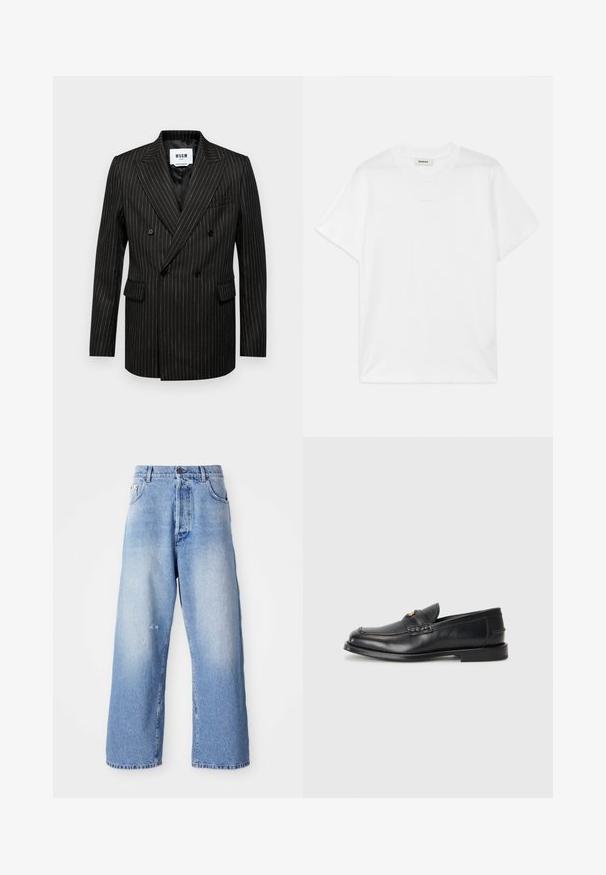 Dvouduchý černý blejzr s bílými proužky, s klopami a dvěma předními kapsami, a hladkou podšívkou. Značková etiketa viditelná uvnitř.; Bílý bavlněný tričko s kulatým výstřihem, krátkými rukávy a jemným logem potisknutým na přední straně. Hladká textura a jednoduchý design.; Světle modré džíny s širokými nohavicemi a se sepraným povrchem, s knoflíkovým zapínáním, poutky na opasek a mírným opotřebením v oblasti kolene.; Černé kožené loafers mají zaoblenou špičku, šité detaily a malý zlatý akcent na přední straně. Podešev je plochá a nenápadná.