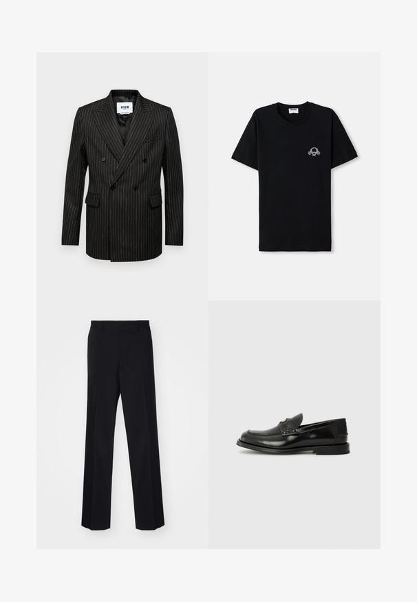 Fekete, dupla gombos blézer fehér csíkokkal, hajtogatott reverekkel, két elülső zsebbel és sima belső béléssel. A márkalogó látható a belső részén.; Fekete pamut póló, kerek nyakkivágással. Kicsi fehér grafikai mintával a mellrészen. Rövid ujjú és egyenes aljjal rendelkezik.; Fekete, széles szárú, szabott nadrág sima textúrával és éles redőkkel, szőtt anyagból készült.; Fekete bőr loafer kerek orral, díszvarrással és kis elülső hajtókával. Laposságű, minimális sarokkal rendelkező gumi talp.