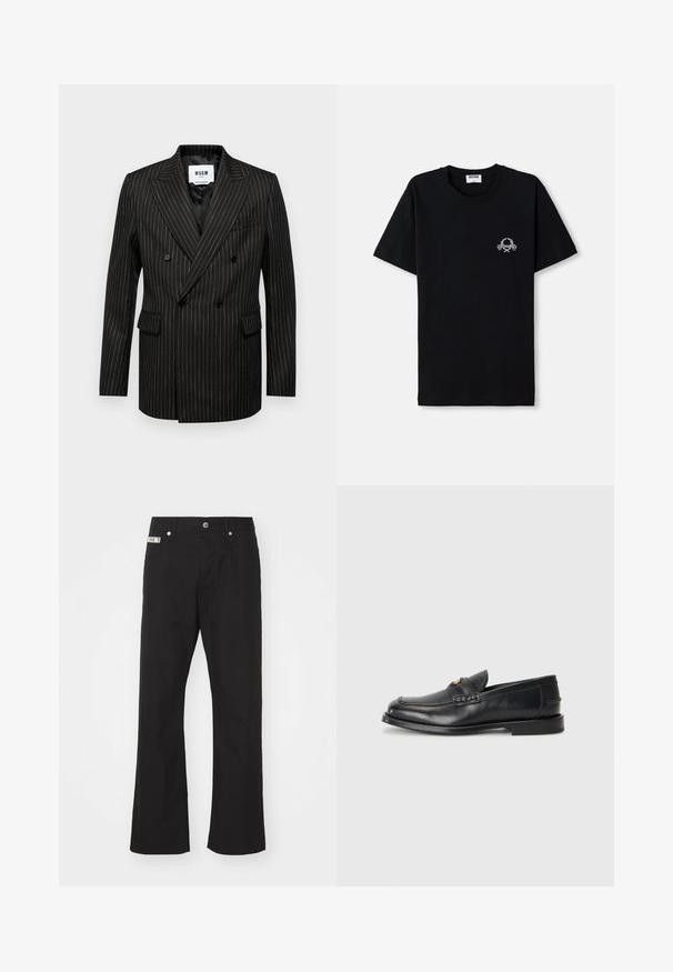 Fekete, dupla gombos blézer fehér csíkokkal, hajtogatott reverekkel, két elülső zsebbel és sima belső béléssel. A márkalogó látható a belső részén.; Fekete pamut póló, kerek nyakkivágással. Kicsi fehér grafikai mintával a mellrészen. Rövid ujjú és egyenes aljjal rendelkezik.; Fekete pamut nadrág, egyenes szárú fazonnal, elöl gombos záródással, két oldalsó zsebbel és egy kis márkacímkével a deréknál.; A fekete bőrcipők lekerekített orral, varrott részletezéssel és egy apró arany díszítéssel rendelkeznek az elején. A talp lapos és diszkrét.