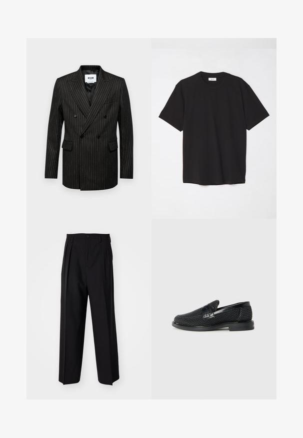 Juodasis dvigubas švarkas su baltomis dryžiais, su notch apykakle, dviem priekiniam kišenėm ir švelniu vidiniu pamušalu. Prekės ženklas matomas viduje.; Juodas medvilninis marškinėlis su apvaliu kaklu, trumpomis rankovėmis ir laisvu siluetu. Paprastas dizainas, lygus paviršius ir be matomų raštų ar logotipų.; Juodi klostuoti kelnių, su tiesiu, plačiu kojų dizainu. Pagaminti iš lygios medžiagos, su mygtukų uždarymu ir diržo kilputėmis.; Juodas pintas slip-on tipo batelis su lygiu odiniu akcentu viršuje, apvalios nosies dizainas ir žemas guminis padas.