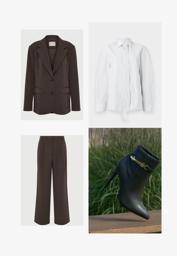 Brūns žakets ar izgriezumu, divām priekšējām kabatām un melnām pogām; izgatavots no gludas auduma ar pielāgotu, strukturētu piegriezumu.; Balta, garām piedurknēm krekls ar klasisku apkakli un pagarinātu priekšējo saišu. Izgatavots no gludas auduma, ar brīvu piegriezumu un bez rakstiem.; Brahma plaša kāju bikses, kas izgatavotas no gludas auduma. Iezīme priekšējās krokas un pielāgojama jostes vieta ar jostu cilpiņām.; Melni augstpapēžu potīšu zābaki ar smailu purngalu un zelta sprādzi, izstādīti uz koka virsmas ar zaļo lapotni fonā.