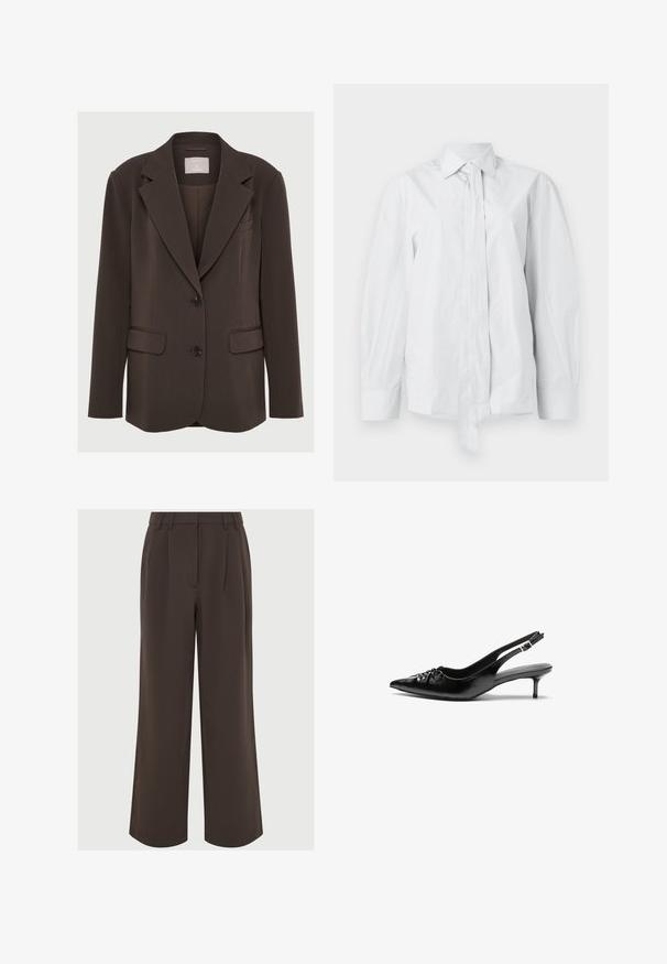 Brown blazer with a notched collar, two front pockets, and black buttons; made from smooth fabric with a tailored, structured fit.; White, long-sleeve shirt with a classic collar and an elongated front tie. Made of smooth fabric, featuring a relaxed fit and no patterns.; Brown wide-leg trousers made of smooth fabric. Features pleats at the front and a tailored waistband with belt loops for adjustment.; Black leather slingback heels with a pointed toe, small kitten heel, and a decorative knot detail on the front. Smooth texture throughout.