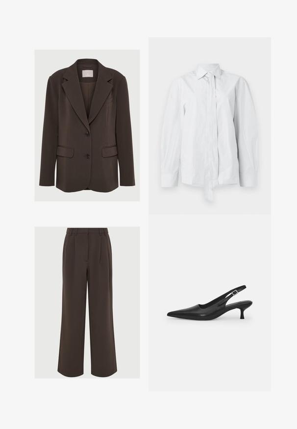 Pruun bleiser, millel on lõikega krae, kaks eesmist taskut ja mustad nööbid; valmistatud siledast kangast, millel on kohandatud ja struktureeritud istuvus.; Valge, pikkade varrukatega särk klassikalise kraega ning pikendatud esiseotud sõlmiga. Valmistatud siledast kangast, laheda lõikega ja ilma mustriteta.; Pruunid laiad püksid siledast kangast. Esipaneelil on voldid ja kohandatava vöökohtadega õmblemisega käärid.; Mustmustast musta nahast slingback king, millel on terav varvas ja kitsas, kumer konts. Omab diskreetset reguleeritavat rihma metallist pandlaga.