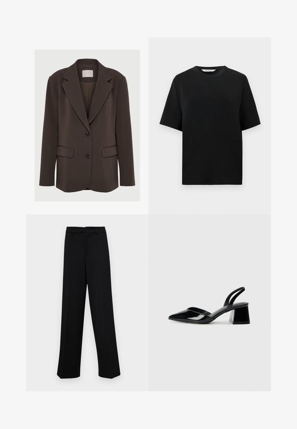 Smeđi sako s izrezanim ovratnikom, dva prednja džepa i crnim gumbima; napravljen od glatkog materijala s krojenim, strukturiranim fitom.; Crna kratka majica s kratkim rukavima i okruglim izrezom, opuštenog kroja, prikazana na jednostavnoj bijeloj pozadini.; Crne široke hlače od glatkog materijala, s klasičnim pojasom koji se zatvara dugmetom i prednjim naborima.; Crne lakirane kožne sandale s otvorenom petom i špicastim vrhom, s geometrijskom blok petom. Imaju elegantan, minimalistički dizajn i glatku teksturu.