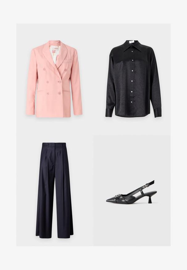 Rózsaszín, dupla gombos blazer, kifordított hajtókával, két elülső zsebbel és hat azonos gombbal; sima anyag és szabott fazon.; Fekete, hosszú ujjú ing, galléros nyakkal, gyűrött textúrával, teljes gombos elejével és mandzsettákkal. Simaságú anyagból készült.; Sötét tengerészkék anyagú, széles lábú nadrág, mely pliszékkel, sima felülettel, szabott dizájnnal és magas derékkal rendelkezik.; Fekete bőr slingback cipő hegyes orral, dekoratív pántokkal, fém szemekkel és alacsony blokk sarkú. Texturált felület.
