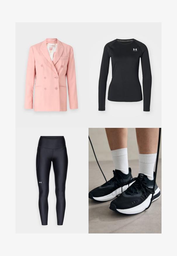 Rózsaszín, dupla gombos blazer, kifordított hajtókával, két elülső zsebbel és hat azonos gombbal; sima anyag és szabott fazon.; Fekete, hosszú ujjú sportpóló sima anyagból, kerek nyakkivágással és egy kis fehér logóval a bal mellrészen.; Fekete leggings sima, rugalmas anyagból, magas derékkal. Bal combján fehér logó található, és testhezálló kialakítású.; Fekete sportcipők textúrált anyagból, fehér talppal és fekete fűzőkkel. Fehér bordázott zoknikkal viselve, világos felületen állva.
