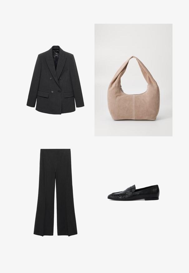 Dunkelgrauer, gestreifter, doppelt geknöpfter Blazer mit Reverskragen, vier Knöpfen und aufgesetzten Taschen auf weißem Hintergrund.; Schwarzer Strickpullover mit Rundhalsausschnitt, langen Ärmeln und cropped Design. Hergestellt aus einem weichen Material mit glatter Textur.; Schwarze weit geschnittene Hose mit subtilen vertikalen Nadelstreifen und einem elastischen Taillenbund, flach auf einem weißen Hintergrund ausgestellt.; Schwarze Lederloafers mit runder Zehe, gestickten Details an der Vorderseite und flacher Sohle. Minimalistisches Design mit dezentem Logoakzent.; Hobo-Tasche aus weichem Wildledermaterial in einem hellen Beigeton. Verfügt über eine runde Form, einen breiten Riemen und einen Reißverschluss.