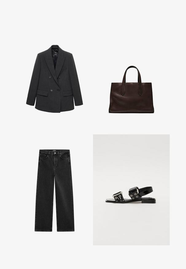 Tmavě šedý pruhovaný dvouřadý blazer s klopami, čtyřmi knoflíky a klopovými kapsami na bílém pozadí.; Massimo Dutti FLOWING DOUBLE FABRIC GARMENT - Top - white; Široké černé džínové kalhoty s jemným vertikálním pruhovaným vzorem, s pěti kapsami a klasickým zapínáním na knoflík v pase.; Černé lakované kožené sandály mají dva široké pásky se stříbrnými očky a přezkami, plochou podrážku a design pásku kolem kotníku.; Hnědá kožená taška přes rameno s dvěma dlouhými uchy, strukturální obdélníkový tvar, hladká textura a jemné švy.