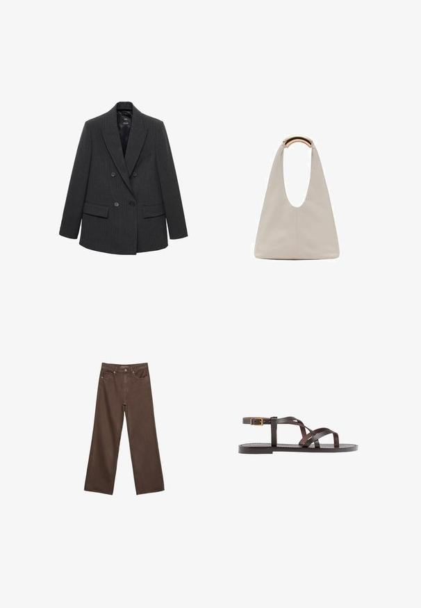 Mörkgrå randig dubbelknäppt blazer med slagkrage, fyra knappar och fickor med klaffar på en vit bakgrund.; Brun kortärmad t-shirt i mjukt tyg, med rund halsringning och avslappnad passform. Inga synliga mönster eller detaljer.; Breda bruna jeans i denim med hög midja, framfickor och klassisk knäppning. Slät textur med subtil sömnad.; Bruna lädersandaler med korsade remmar, spänne runt vristen och en platt sula med minimala sömnadsdetaljer.; Ljusgrå läderväska med en U-formad design och ett böjt metallhandtag. Slät textur med minimal sömnad och inga synliga mönster.