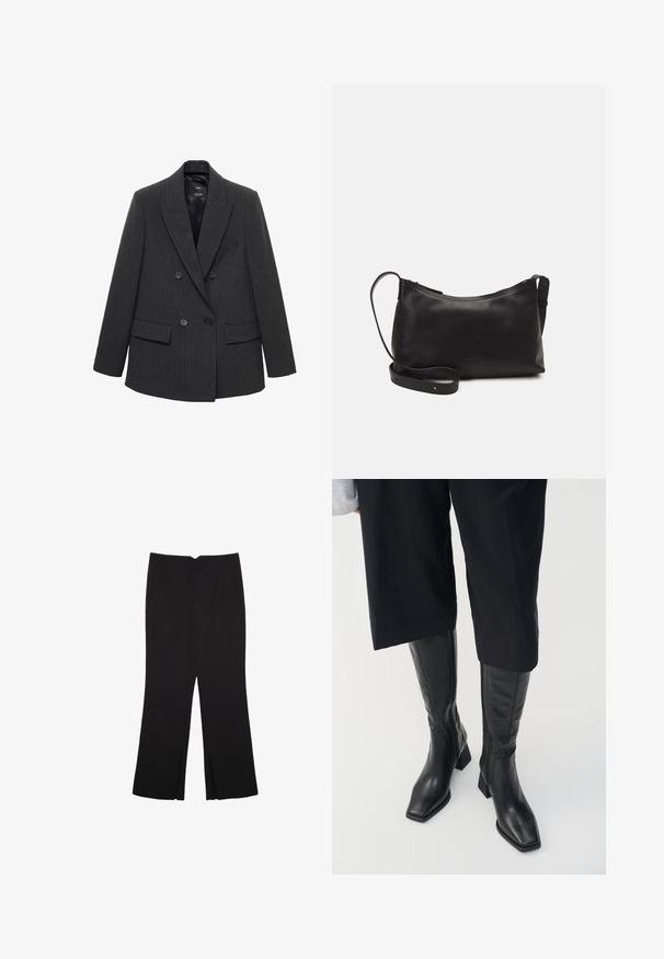 Tmavosivý dvojradový blejzer s prúžkami, s klopovými límci, štyrmi gombíkmi a vreckami s prekrytím na bielom pozadí.; Čierny tank top vyrobený z bavlny, s okrúhlym výstrihom a širokými ramienkami. Hladká textúra so zošitými okrajmi. Klasický, minimalistický dizajn.; Čierne nohavice so strihom rovného strihu, s prednými vreckami a bočnými rozparkami na leme. Vyrobené z mäkkej, hladkej tkaniny. Vhodné na rôzne príležitosti.; Čierne kožené čižmy po kolená so štvorcovou špičkou a blokovým podpätkom. Obsahujú bočný zips a hladký povrch.; Čierna kožená ramenná taška s hladkou textúrou, zakriveným tvarom, nastaviteľným popruhom a zipsom. Minimalistický dizajn bez ozdôb.