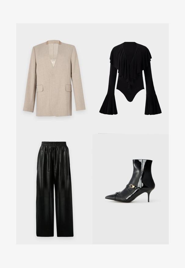Bežna lanena blazer jakna z V-izrezom, eno gumbom, dvema sprednjima žepoma in gladkim notranjim podom. Preprost in prilagojen dizajn.; Črn bodi z dolgimi rokavi in globokim V-izrezom, ki ima večplastni dizajn volanov čez prsi ter zvonaste rokave. Gladek, elastičen material.; Črne usnjene hlače širokega kroja z elastičnim pasom, ki imajo dve stranski žepi in gladko, sijočo teksturo.; Črne lakirane gležnjarje z ostrim nosom, tankim peto in dvema tankima trakoma z zlatim detajlom s sponko. Gladka, sijoča površina.