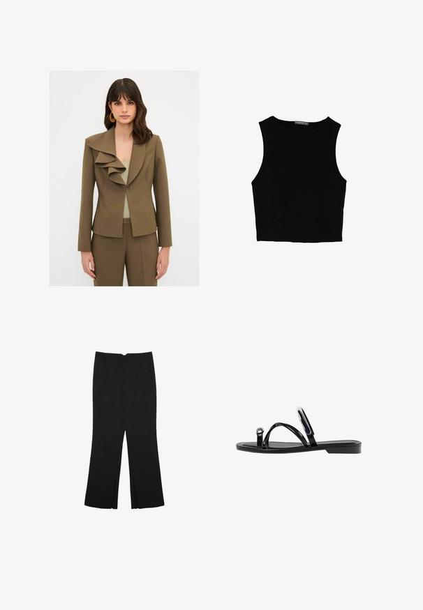 Oliivinvihreä bleiseri, jossa on suuri röyhelökaulus, istuva malli, pitkät hihat ja yksi nappikiinnitys. Sujuva kangas.; Musta hihaton crop-top, joka on valmistettu sileästä kankaasta, jossa on pyöreä kaula-aukko ja siisti, yksinkertainen muotoilu ilman kuvioita tai varusteita.; Mustat housut suoralinjaisella leikkauksella, joissa on etutaskut ja sivurei'ät helman alla. Valmistettu pehmeästä ja sileästä kankaasta. Sopii eri tilaisuuksiin.; Mustat litteät sandaalit, joissa on kiiltävä pinta, kolme ohutta hihnaa ja pyöreä metalliosuus varpaissa. Tyylikäs muotoilu, jossa on minimaalinen kantapää.