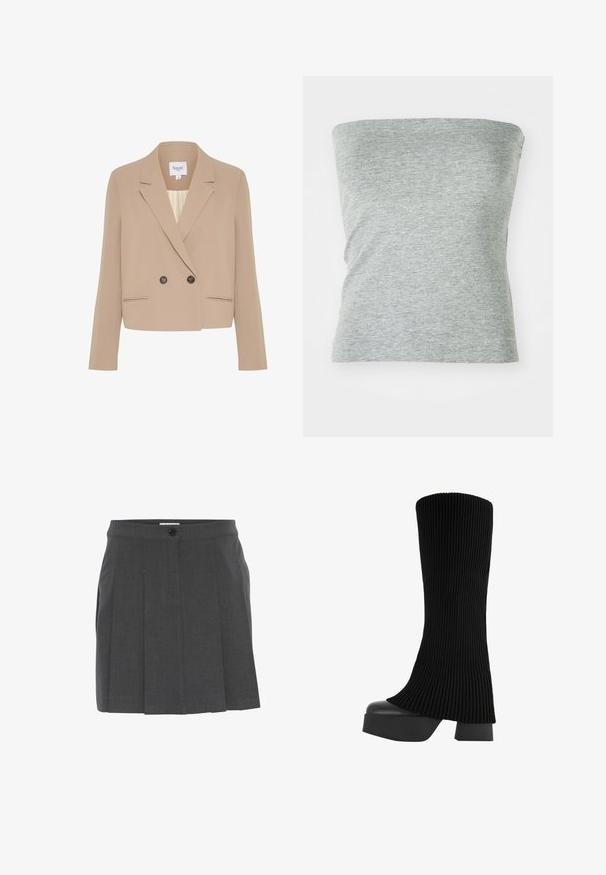 Beige double-breasted blazer made of smooth fabric, featuring a notched collar, two front pockets, and dark buttons.; Gray strapless top made of soft, stretchy fabric. Features a simple design with a smooth texture and no visible seams.; Gray pleated skirt with a waistband, featuring a front button closure. Made of textured fabric, designed for a tailored fit.; Black knee-high boot with a ribbed fabric upper, chunky platform sole, and block heel, featuring a smooth texture and sleek, modern design.