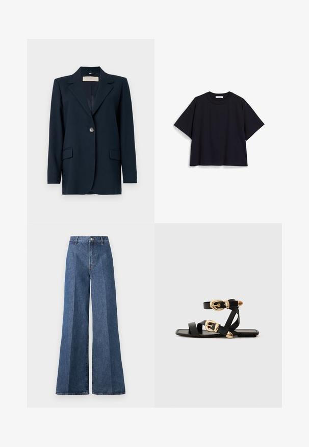 Tengerészkék blézer egysoros gombolással, éles hajtókákkal, két elülső zsebbel és enyhén struktúrált fazonnal. Simára szőtt anyagú.; Sötétkék, rövid ujjú póló, puha pamutból készült, laza szabással, kerek nyakrésszel és minimalista dizájnnal. Nincsenek látható minták vagy díszítések.; Nagyméretű kék farmernadrág magas derékkal, klasszikus öt zsebes stílussal és gombos záródással, struktúrált pamutszövetből készült.; Fekete bőr szandál arany csattal, több hevederrel és lapos talpú dizájnnal, nyitott lábujjú viselethez.