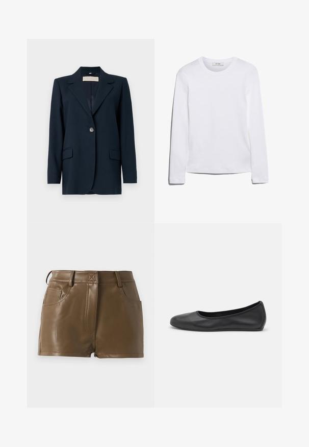 Tums zilas žakete ar vienu pogu aizdari, asiem uzmekļiem, divām priekšējām kabatām un nedaudz strukturētu piegriezumu. Gluda auduma tekstūra.; Bieza piedurkņu balta T-krekls, izgatavots no ribota kokvilnas, ar apaļu kakla izgriezumu un taisnu apakšmalu. Vienkāršs dizains bez rakstiem vai akcentiem.; Brūnas mākslīgās ādas šorti ar piegulīgu dizainu, jostasvieta ar jostu cilpiņām, priekšējām kabatām un redzamām šuvju detaļām.; Melna ādas baleta kurpe ar noapaļotu purngalu, gludu tekstūru, minimālu šuvju detalizāciju un elastīgu zoles dizainu.