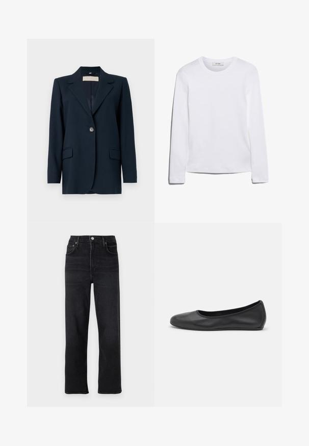 Tummansininen bleiseri, jossa on yksittäinen nappisulku, terävät läpät, kaksi etutaskua ja hieman muotoiltu istuvuus. Sileä kankaan rakenne.; Pitkähihainen valkoinen T-paita, joka on valmistettu ribbitetystä puuvillasta, ja siinä on pyöreä kaula-aukko sekä suora helma. Yksinkertainen muotoilu ilman kuvioita tai yksityiskohtia.; Mustat suorat farkut, jotka on valmistettu denimitPrepare. Ominaisuuksiin kuuluvat viisi taskua, napilla ja vetoketjulla varustettu sulku sekä hienovaraiset ompeluyksityiskohdat.; Musta nahkainen ballerina, jossa on pyöristetty kärki, sileä pinta, minimaalinen ommelkoristelu ja joustava pohjamuotoilu.