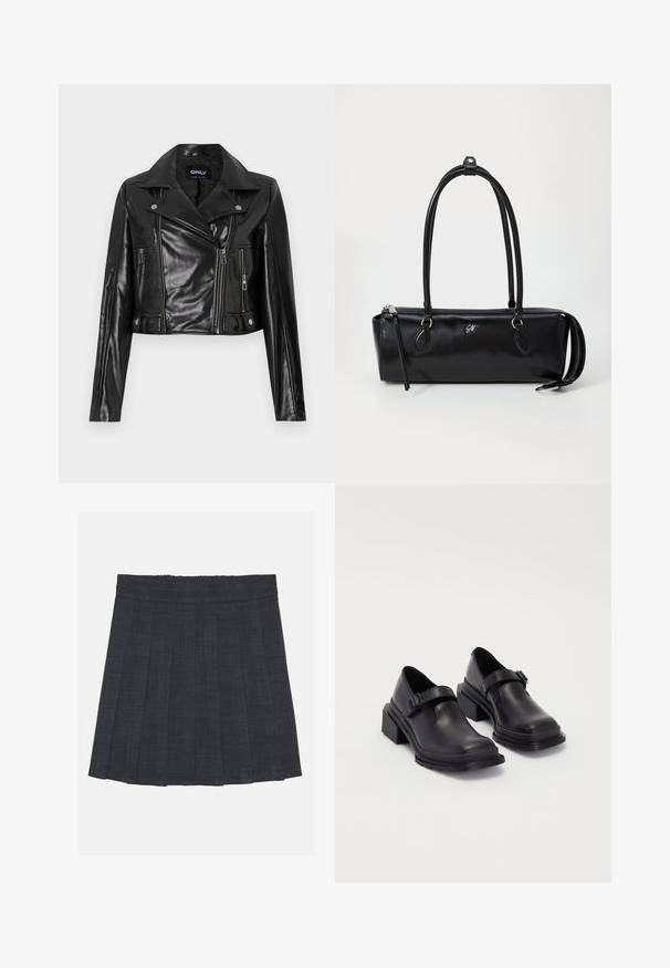 Jacket de couro preto cropped com colarinho com recortes, bolsos com zíper e detalhes nas mangas, rotulado "ONLY" no interior do decote.; Suéter branco em malha com trançado, apresentando mangas longas, decote redondo e um detalhe decorativo de pérola na gola. Textura suave e design ajustado.; Saia pregueada cinza escuro com cintura elástica, apresentando um tecido texturizado e uma silhueta clássica em A. Adequada para uso casual.; Sapatos de couro pretos com um bico redondo, sola plana e uma fita com detalhe de fivela. Salto bloco robusto para maior estabilidade.; Bolsa de couro preta com forma retangular, textura suave, duas alças, fecho com zíper e um pequeno logótipo na parte da frente.