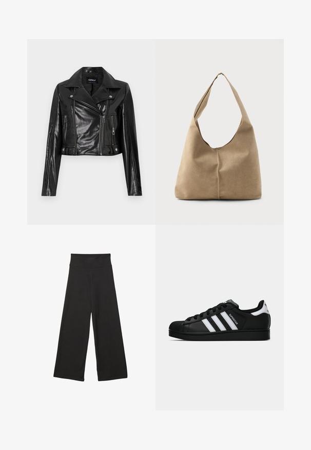 Sort cropped læderjakke med klippet krave, lynlåslommer og detaljer på ærmerne, mærket "ONLY" på den indre halsudskæring.; Lysegrå strikket sweater med bådudskæring, lange ærmer og ribstrikkede manchetter, kant og bred halsudskæring.; Sorte brede bukser med høj elastisk talje, blødt stof og løs pasform, velegnede til afslappet tøj eller uformelle anledninger.; Sort Adidas Superstar sneaker med hvide striber, skaletå og "Superstar"-tekst på siden, vist i sideprofil på hvid baggrund.; Hobo taske i blød beige ruskind med en afslappet form, bred skulderrem og håndsyet sømdetalje langs fronten.
