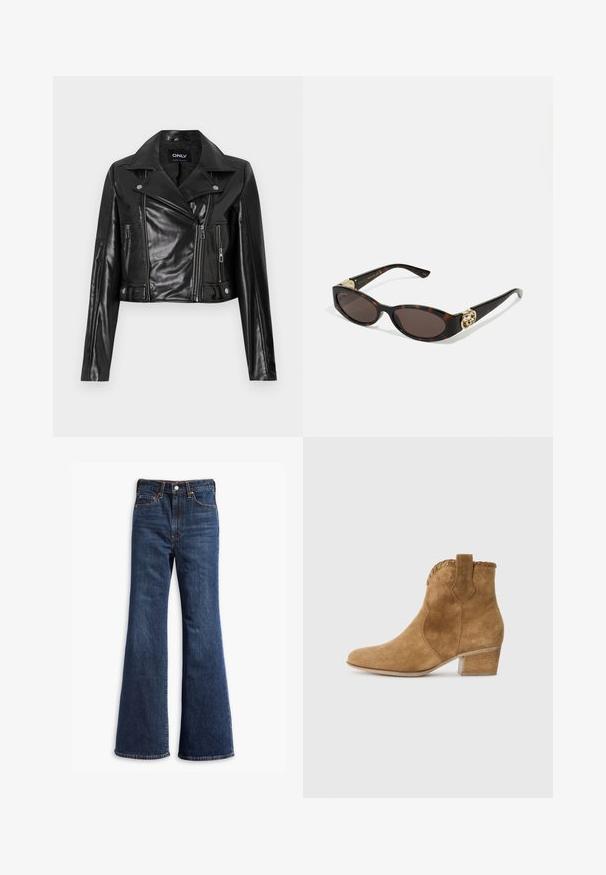 Zwarte leren cropped jas met een ingesneden kraag, ritszakken en details op de mouwen, gelabeld "ONLY" op de binnenste hals.; Witte blouse met knopen van glad katoen met een klassieke kraag, voorzien van een rechte onderkant en beige knopen aan de voorkant.; Hogegarende donkerblauwe denim jeans met flared pijpen, sluiting met een knoop en rits aan de voorkant, en ontwerp met vijf zakken.; Tan suède enkellaars met een spitse neus, textuur trim bij de kraag, en een blokhak. Voorzien van een trekband voor gemakkelijke aantrekking.; Schildpadbril met langwerpige ovale lenzen, bruine tint, gouden logo-accenten op de pootjes en slanke zwarte armen.; Bruine neplederen tote bag met twee stevige handvatten, een gestructureerde vorm en een minimalistisch ontwerp, met subtiele stikselaccenten.
