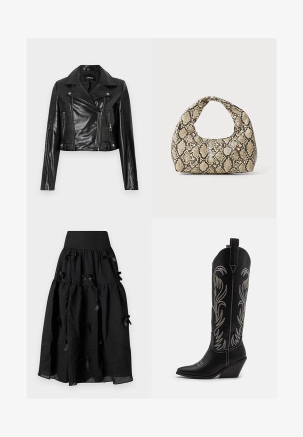 Schwarze, taillierte Lederjacke mit einem Reverskragen, Reißverschlusstaschen und Details an den Ärmeln, mit dem Aufdruck "ONLY" am inneren Kragen.; Schwarzes Langarmoberteil aus transparenter Stoff, mit rundem Halsausschnitt, vorderem Knopfverschluss und gewellten Kanten an den Ärmelbündchen.; Sister Jane BIRDIE BOW MIDI SKIRT - A-Linien-Rock - black; Schwarze Leder-Cowboy-Stiefel mit spitzen Zehen, Keilabsätzen und silbernen, gestickten Blumenmustern entlang des Schafts. Kontrastnähte über das gesamte Design.; Schlangenmuster-Tasche mit einem gebogenen Griff. Hergestellt aus strukturierten, beige- und braunfarbenen Materialien, die ein markantes Diamantmuster aufweisen.