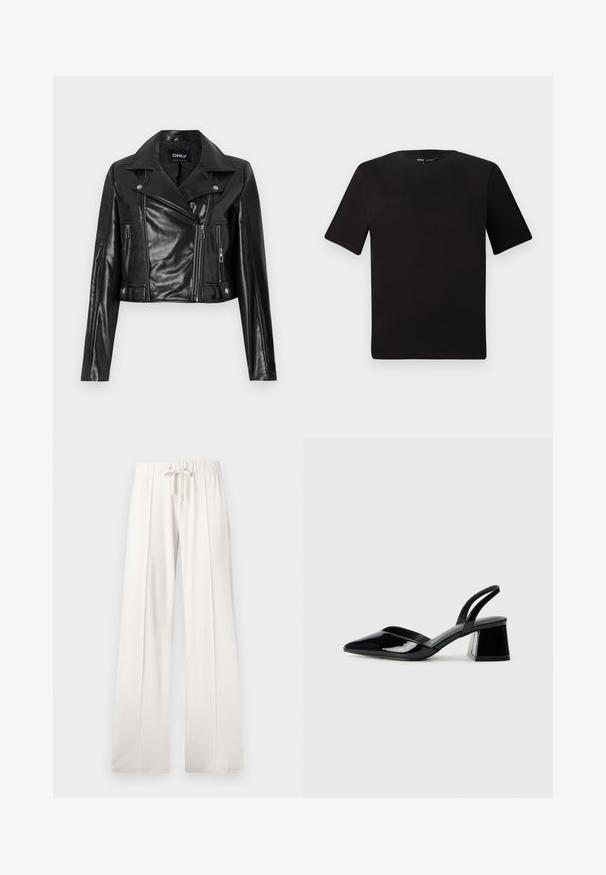 Sort cropped læderjakke med klippet krave, lynlåslommer og detaljer på ærmerne, mærket "ONLY" på den indre halsudskæring.; Sort kortærmet t-shirt med rund halsudskæring, lavet af blødt bomuldsstof. Enkel design, ingen synlige logoer eller mønstre.; Lys beige sweatkorts lavet af blødt stof, med snoretræk i taljen, brede ben og lodrette sømme, samt en glat tekstur.; Sorte patentlæder slingback hæle med spids tå og en geometrisk blok hæl. Har et elegant, minimalistisk design og en glat tekstur.