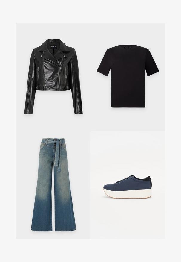 Black cropped leather jacket with a notched collar, zippered pockets, and detailing on sleeves, labeled "ONLY" on the inner neckline.; Black short-sleeve t-shirt with a round neckline, crafted from soft cotton fabric. Simple design, no visible logos or patterns.; Wide-leg denim trousers featuring a light to dark blue gradient, high waist, belt loops, and a matching fabric belt. Textured denim finish.; Navy blue sneaker with a textured fabric upper, white platform sole, rounded toe, and black heel accent. Features six eyelets for laces.