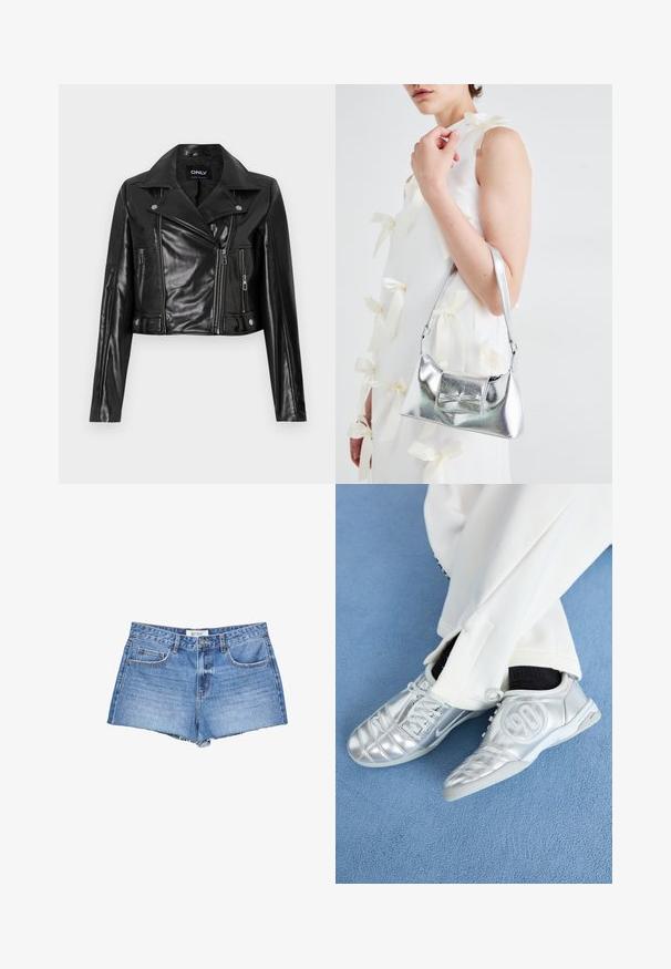 Čierna skrátená kožená bunda s vykrojeným golierom, zipsovými vreckami a detailmi na rukávoch, označená "ONLY" na vnútornom výstrihu.; Čierny jednopiece plavky s hlbokým výstrihom, bezšvovým dizajnom a vysokými nohavicami, vyrobené z hladkej, textúrovanej látky.; Džínsy šortky vo svetlom modrom prania, s roztrhnutým lemom, klasickým piatym vreckovým dizajnom a gombíkovým zapínaním na prednej strane.; Strieborné atletické topánky s hladkým, lesklým povrchom, zdobené prešitím a číslom 90 na boku, skombinované s bielymi nohavicami.; Strieborná metalická kabelka so štruktúrovaným tvarom, ktorá má hornú rukoväť a mašľu na prednej strane. Hladká textúra, reflexný povrch.