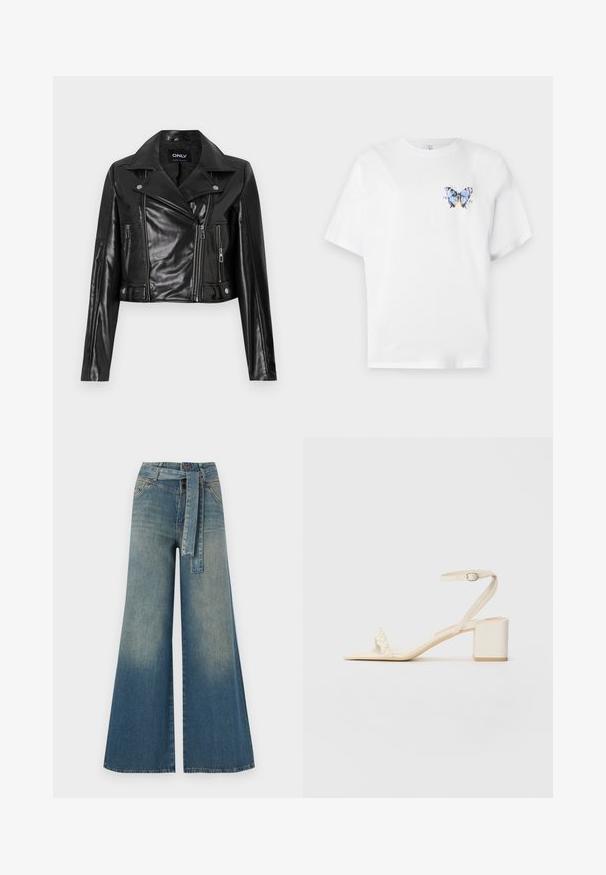 Sort cropped læderjakke med klippet krave, lynlåslommer og detaljer på ærmerne, mærket "ONLY" på den indre halsudskæring.; Hvid bomulds t-shirt med et farverigt sommerfuglemotiv på venstre bryst. Kortærmet og med en afslappet pasform.; Bredbens-denimbukser med en lys til mørk blå gradient, høj talje, bælteløkker og et matchende stofbælte. Tekstureret denimfinish.; Beige blokhælsandal lavet af glat materiale, med en slank ankelrem og en tårem med perleaccent. Flad sål.