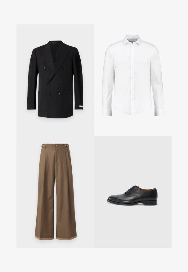 Blazer negru cu două rânduri de nasturi, realizat dintr-un material fin, având două buzunare frontale, rever cu colțuri și nasturi negri. Croială ajustată.; Cămașă albă cu mânecă lungă, din bumbac neted. Prezintă un guler clasic și închidere cu buton în față, având un tiv drept.; Pantaloni largi dintr- о țesătură maro închis, prevăzuți cu două buzunare laterale, două butoane decorative în față și un detaliu de tiv în contrast.; Pantof de piele neagră, cu un finisaj neted, vârful rotunjit, cinci găuri pentru sireturi și toc mic pătrat. Design minimalist cu cusături subtile.
