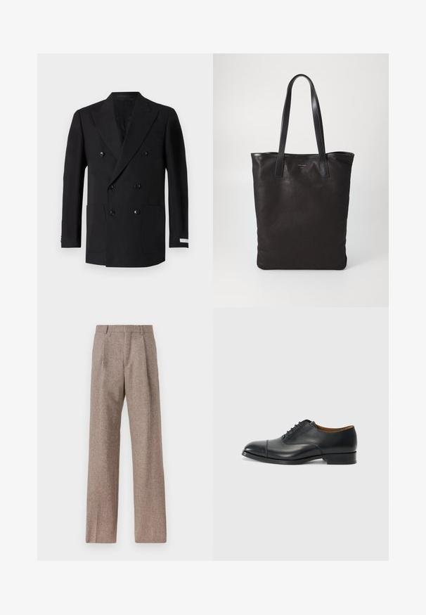 Dvojradový čierny blejzer vyrobený z jemného materiálu, s dvoma prednými vreckami, klopovými goliermi a čiernymi gombíkmi. Strih prispôsobený postave.; Biela dlhá košeľa s dlhým rukávom vyrobená z hladkej látky, s klasickým golierom a radom perleťových gombíkov pozdĺž prednej časti.; Hnedé, vysoké nohavice vyrobené z texturovanej látky. Majú široké nohavice a dva predné záhyby pre štruktúru. Úhľadné spracovanie bez viditeľného kovania.; Čierne kožené šaty topánky s hladkým povrchom, okrúhlym špičkou, piatimi očkami na šnúrky a nízkym blokovým podpätkom. Minimalistický dizajn s jemným prešívaním.; Čierna plátená taška s čiernymi koženými ušami. Jednoduchý dizajn, priestranné telo a hladká textúra. Žiadne viditeľné logo ani vzory.